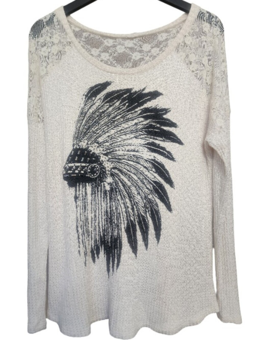 VOCAL Apparel Embellished Headdress Thermal Knit Top Lace Accents Beige EUC Sz L